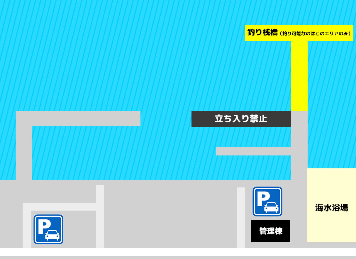 石田フィッシャリーナの釣り場マップ（釣り桟橋・駐車場・管理棟の位置）
